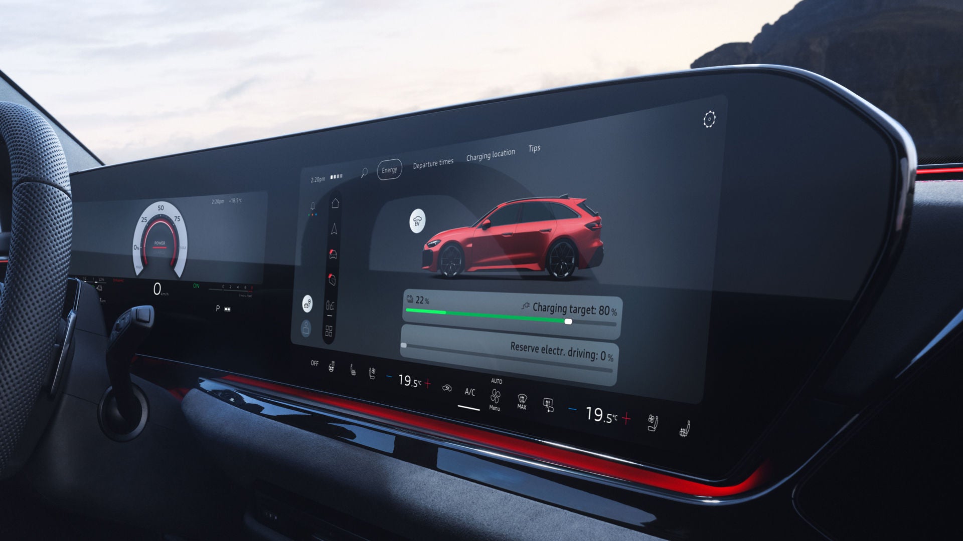 Close-up of the MMI touch display with a choice between EV driving mode and hybrid mode.