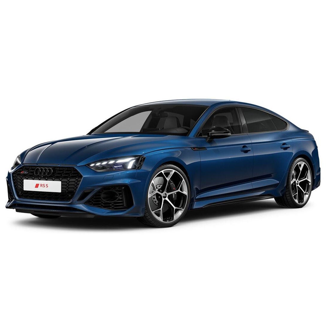 A blue Audi RS 5 Sportback on a white background.