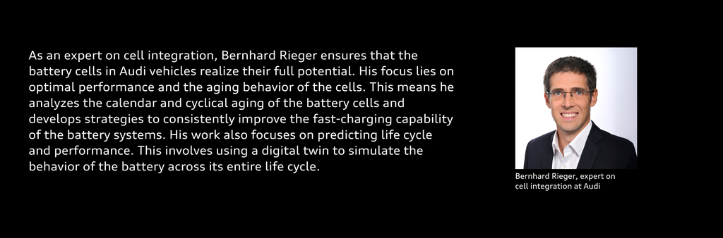 Portrait of Bernhard Rieger with the text: As an expert on cell integration, Bernhard Rieger ensures that the battery cells in Audi vehicles realize their full potential. His focus lies on optimal performance and the aging behavior of the cells. This means he analyzes the calendar and cyclical aging of the battery cells and develops strategies to consistently improve the fast-charging capability of the battery systems. His work also focuses on predicting life cycle and performance. This involves using a digital twin to simulate the behavior of the battery across its entire life cycle.