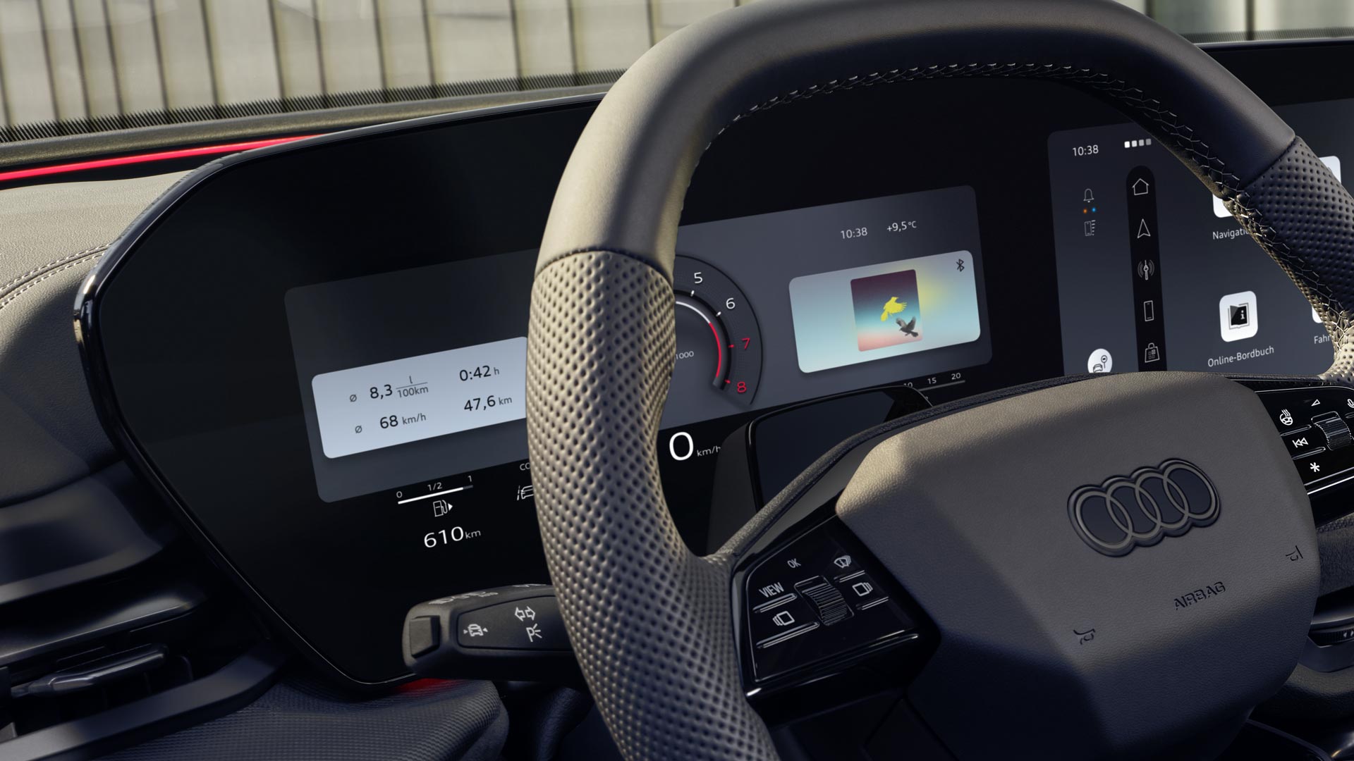 Nahaufnahme des Lenkrads mit dem sich dahinter befindlichen Audi Virtual Cockpit im SQ5 Sportback.