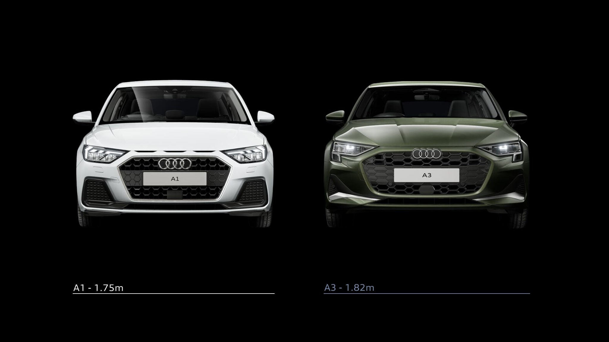 Front view of two cars against a black background: a white Audi A1 on the left, labeled 1.75m, and a green Audi A3 on the right, labeled 1.82m.