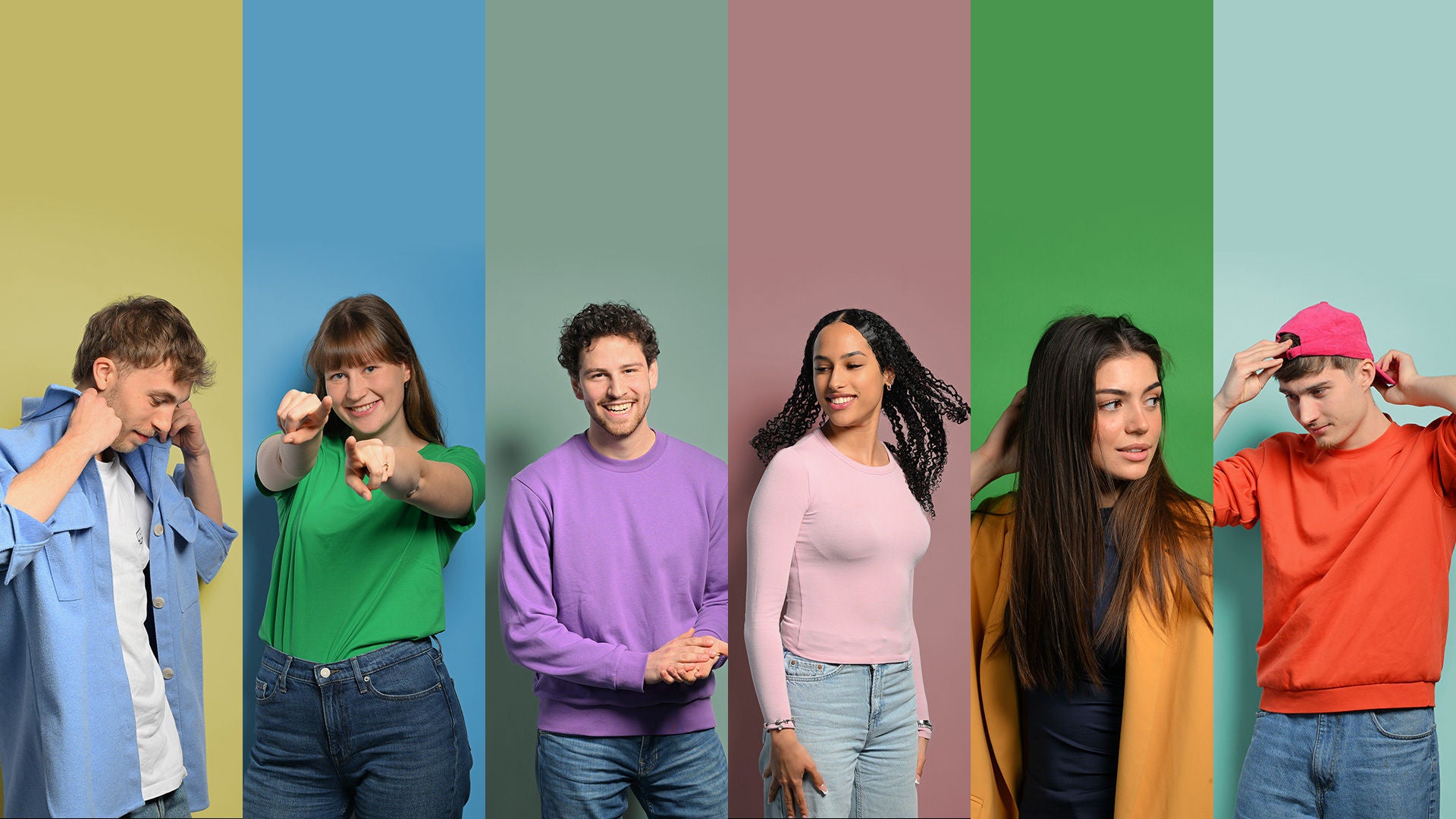 Sechs junge Personen vor farbigen Hintergründen, jede mit individueller Pose und Ausdruck – Vielfalt und Individualität im Fokus.