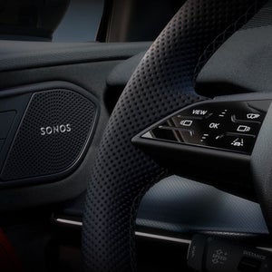 The inside of the door with the ambient lighting package in red.