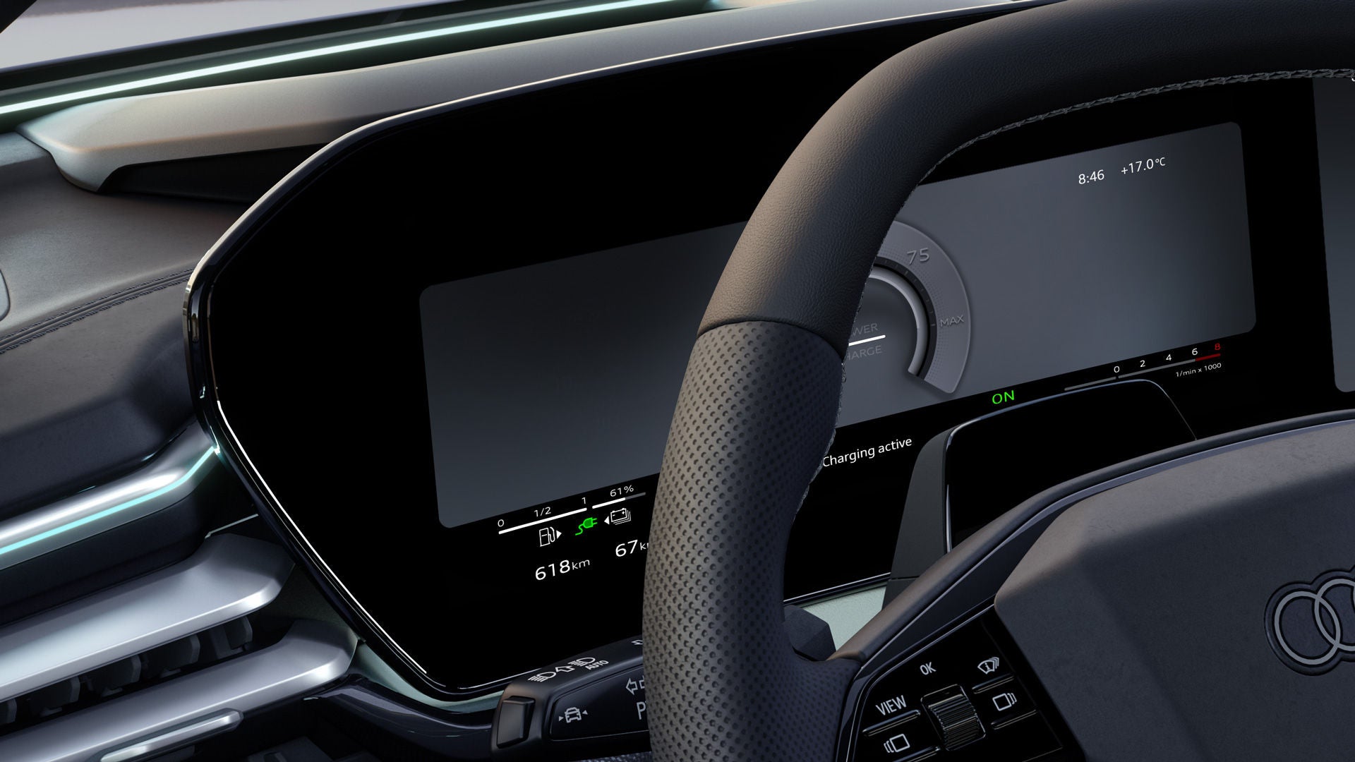 Närbild på Audi Virtual Cockpit plus, placerad bakom ratten.