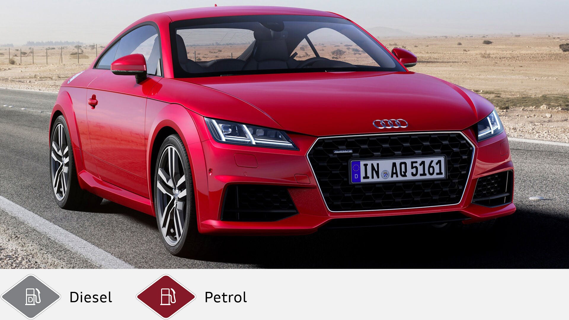 Red Audi TT Coupé on an empty road in a desert landscape. Below gray diesel symbol and red gasoline symbol.