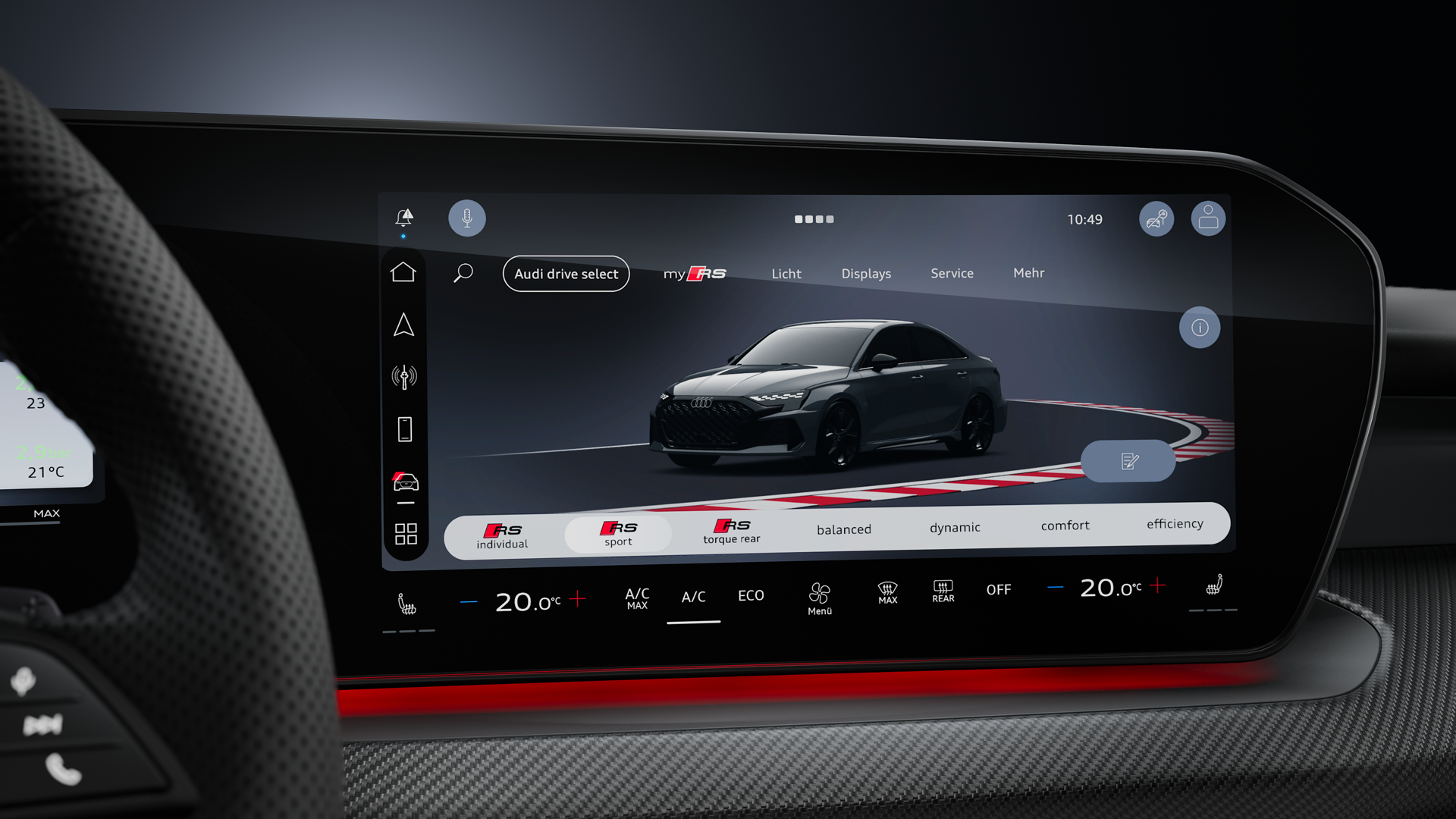 Focus op Audi drive select, met keuze uit drie extra RS-specifieke rijmodi.