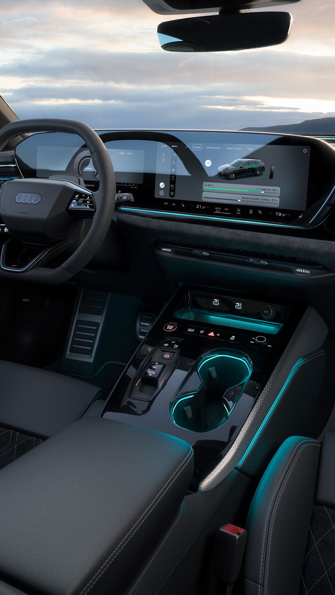Blick auf das Cockpit und die Panoramadisplays des A5 Avant e-hybrid.