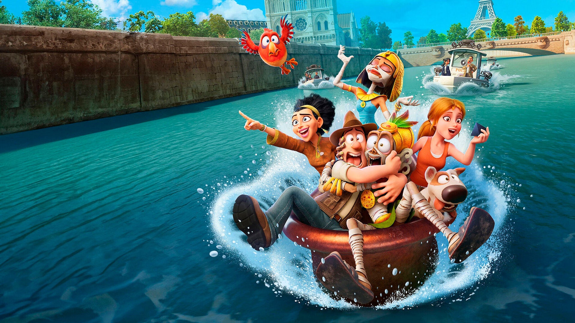 Tad Stones und seine Freunde rasen in einem Boot über das Wasser.