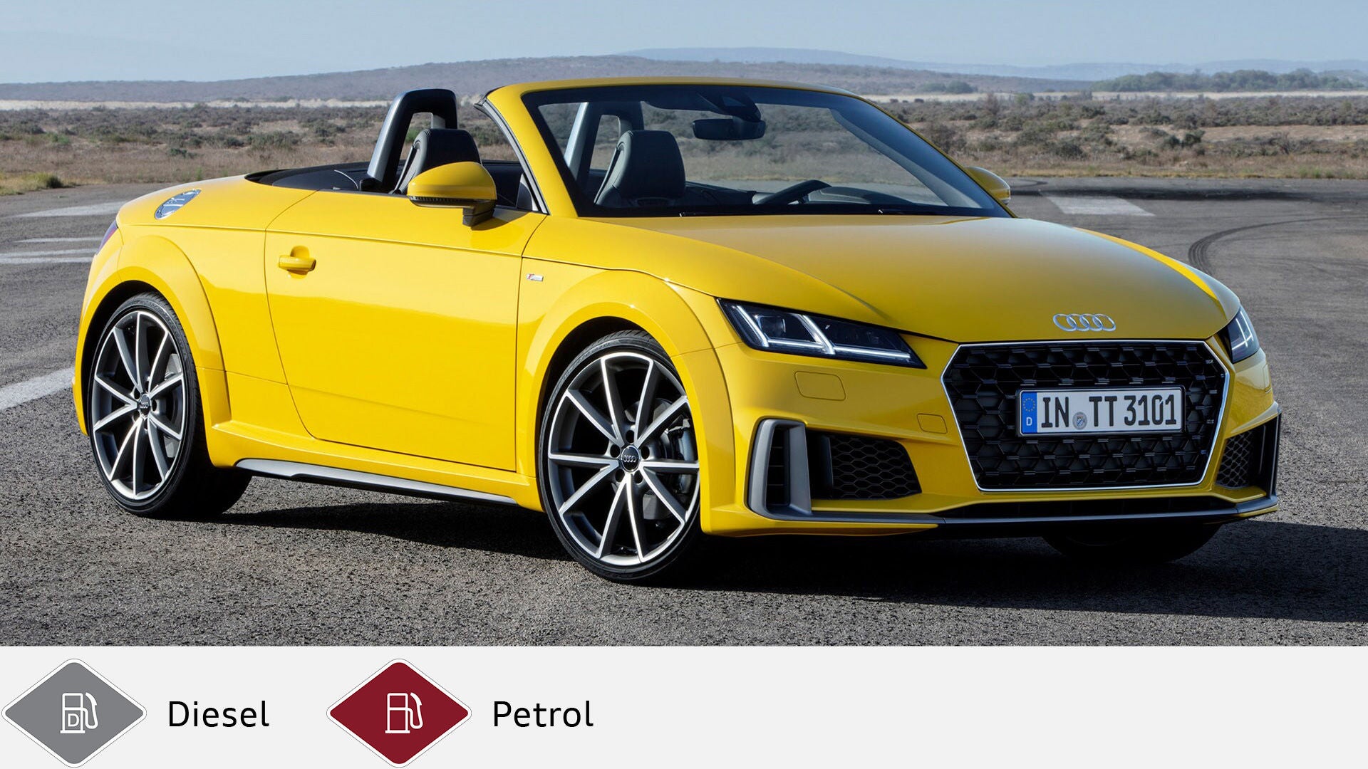 Yellow Audi TT Roadster with open top on asphalt surface. Below gray diesel symbol and red gasoline symbol.
