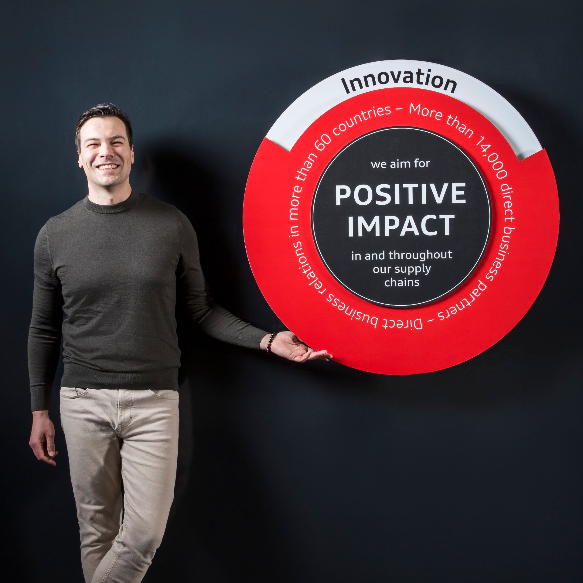 Lukas Petersik, Sustainability Supply Chain at Audi, stands smiling next to an infographic on the positive influence of innovation.