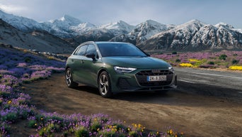 Grüner Audi A3 auf Landstraße vor schneebedeckten Bergen und blühender Landschaft.