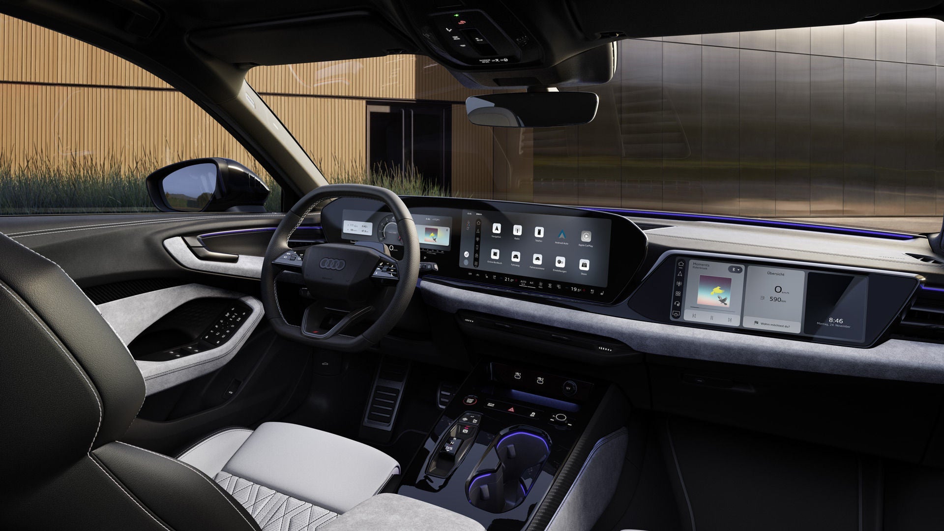 Innenraum und Cockpit des S5 Avant aus Beifahrerperspektive. Der Innenraum leuchtet in lilanem Ambiente Licht.