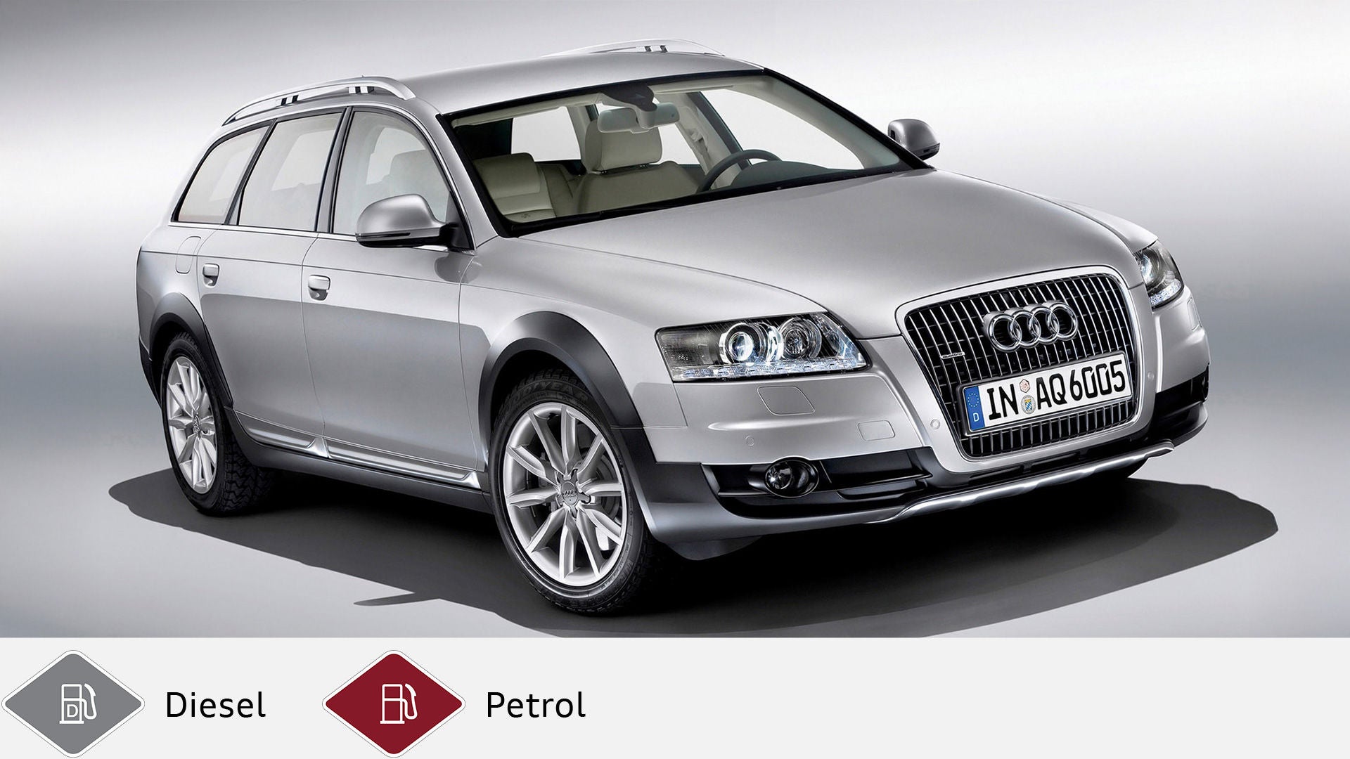 Silver Audi A6 allroad quattro (2006-2012) in studio photo with eye-catching chrome grille. Gray diesel symbol and red petrol symbol at the bottom.
