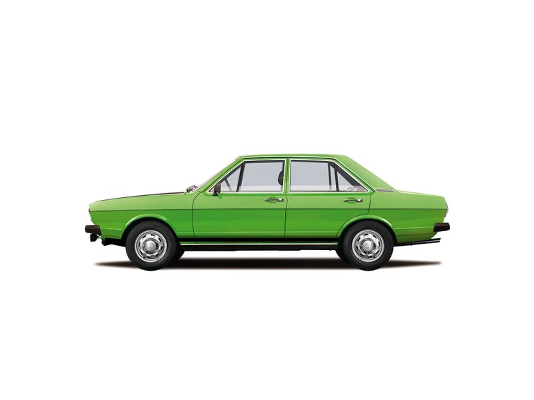 Illustration eines grünen Audi 80 vor weißem Hintergrund