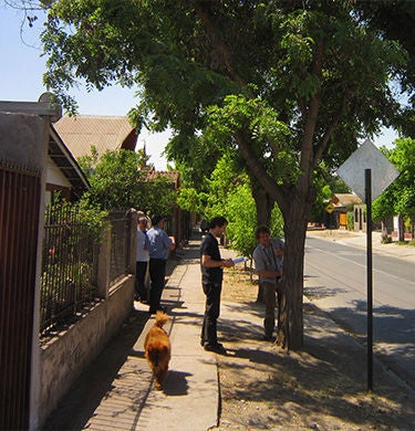 Personen und ein Hund auf einem Bürgersteig