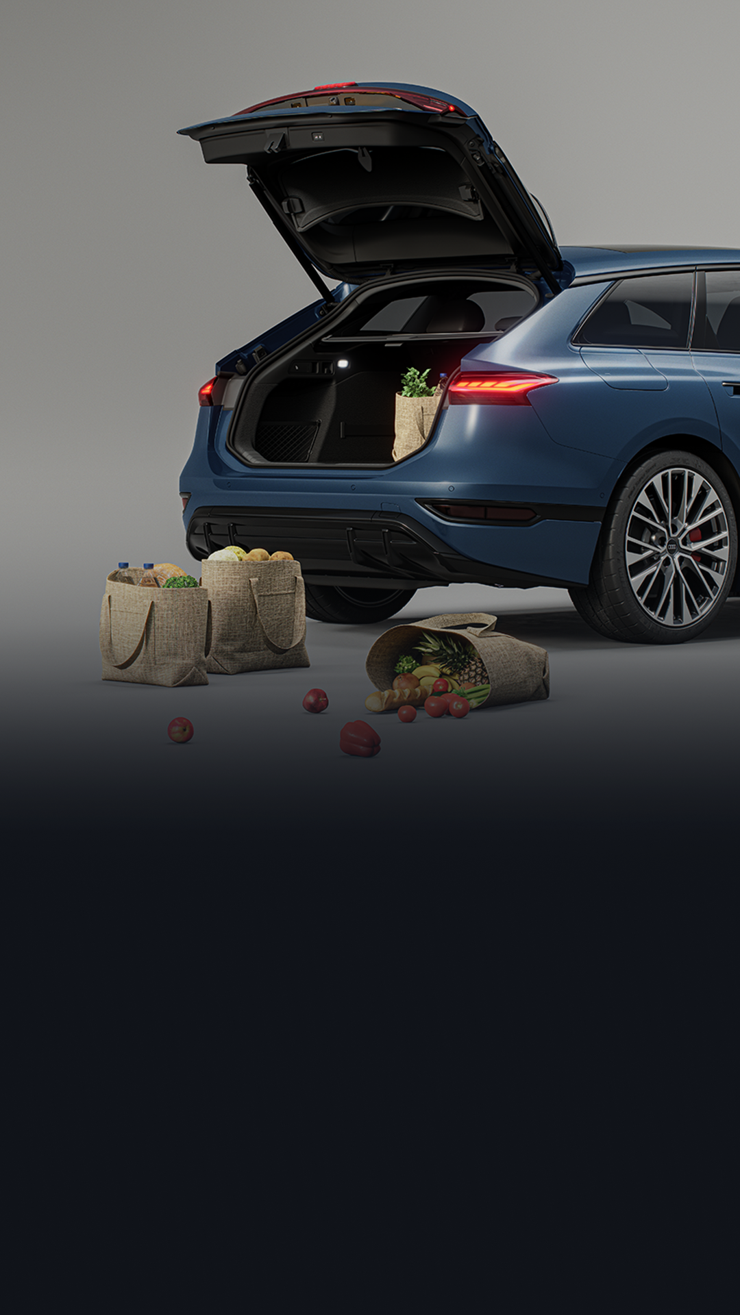 A car boot open with groceries spilling out