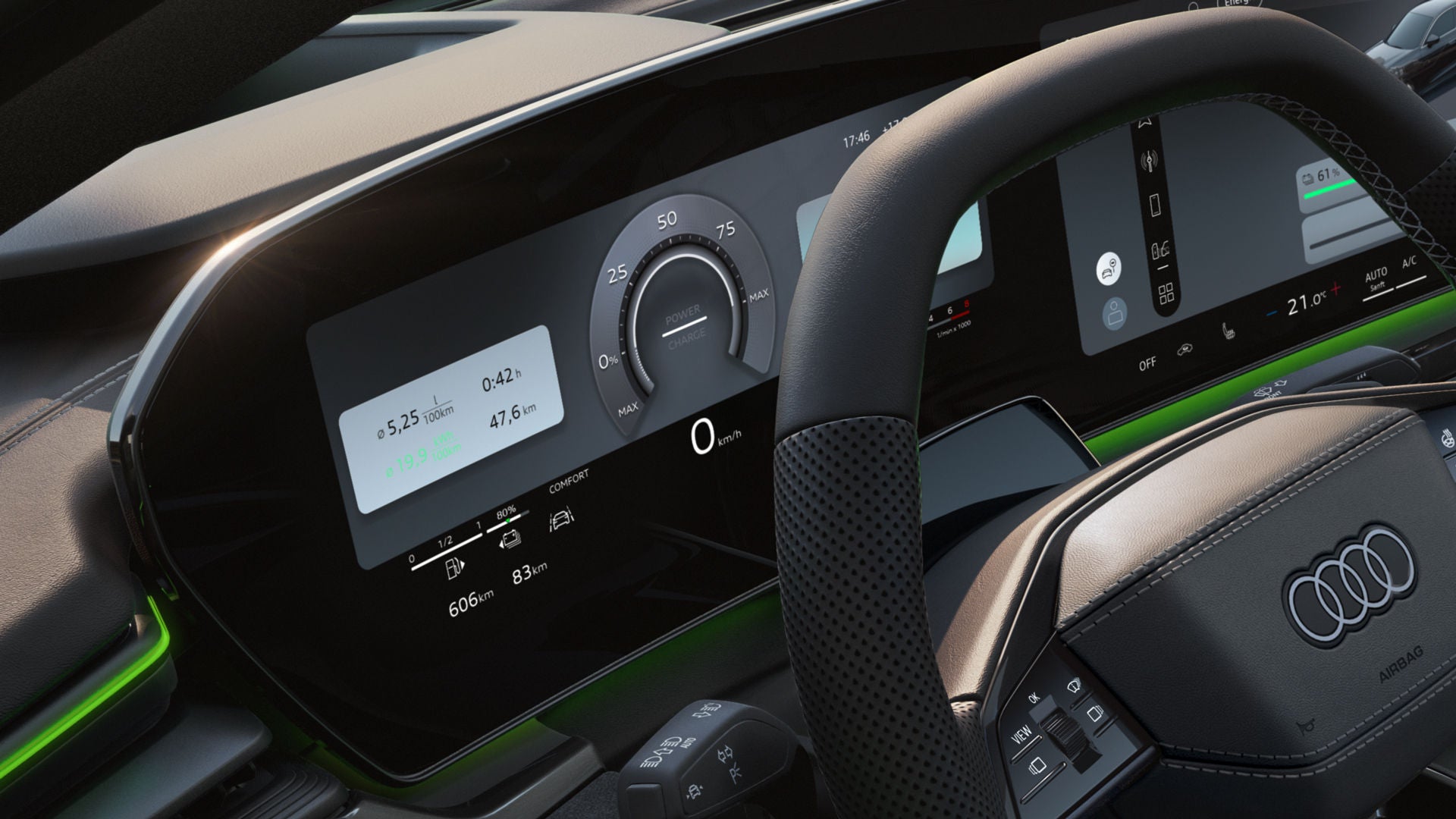 Close-up of the steering wheel and the display behind it.