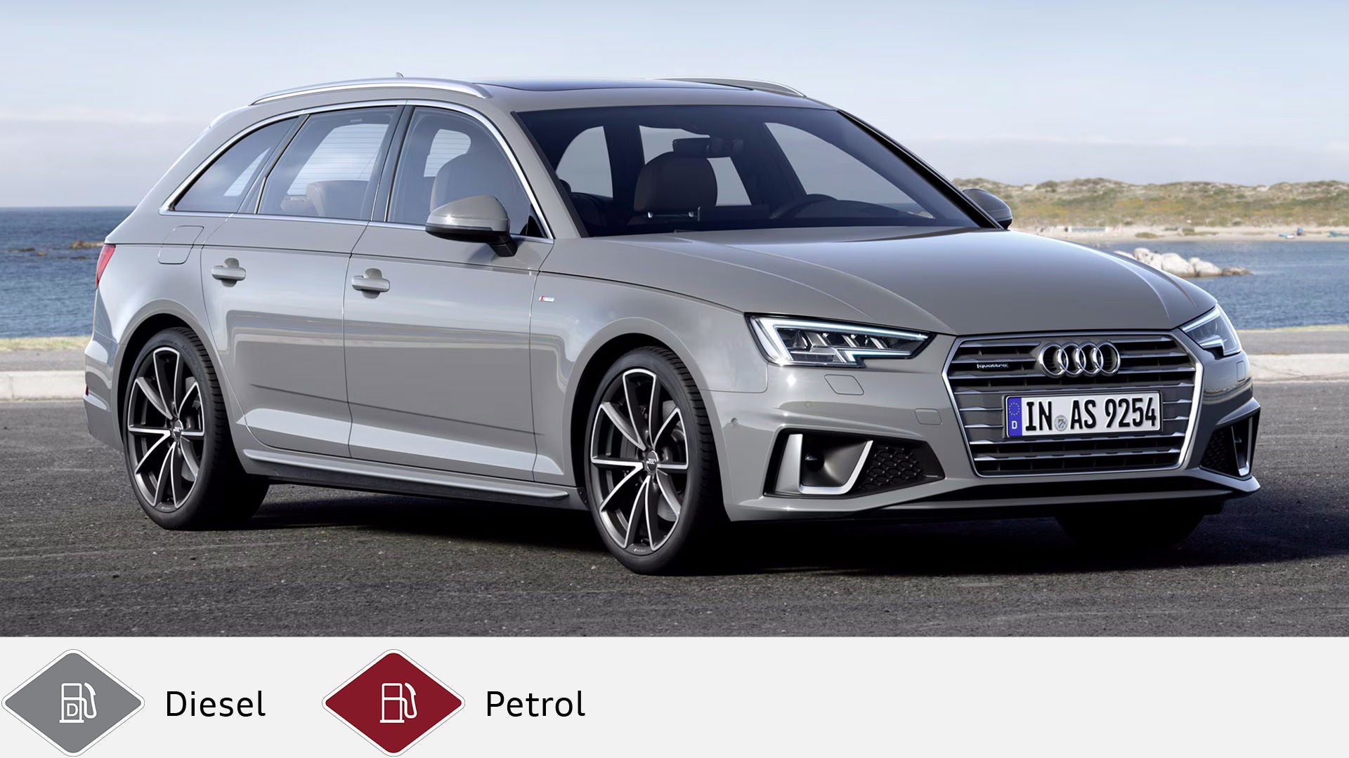 Gray Audi A4 Avant standing on a coastal road, view from diagonally in front. Gray diesel symbol and red petrol symbol at the bottom.