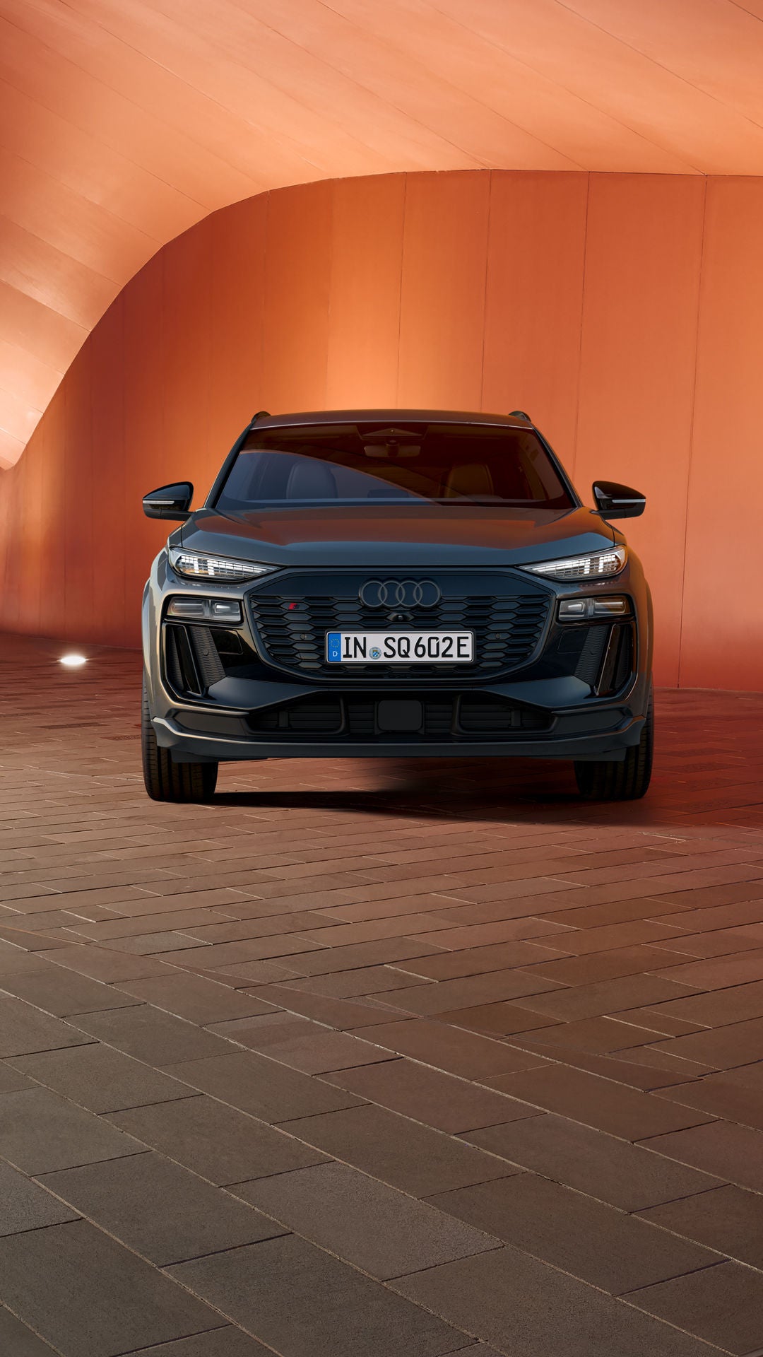 Der SQ6 SUV e-tron steht seitlich vor einer Holzhausfassade, während sich eine junge Frau an der offenen Fahrertür festhält. Auf der rechten Seite des Bildes ist der Vorgarten des Hauses zu sehen.