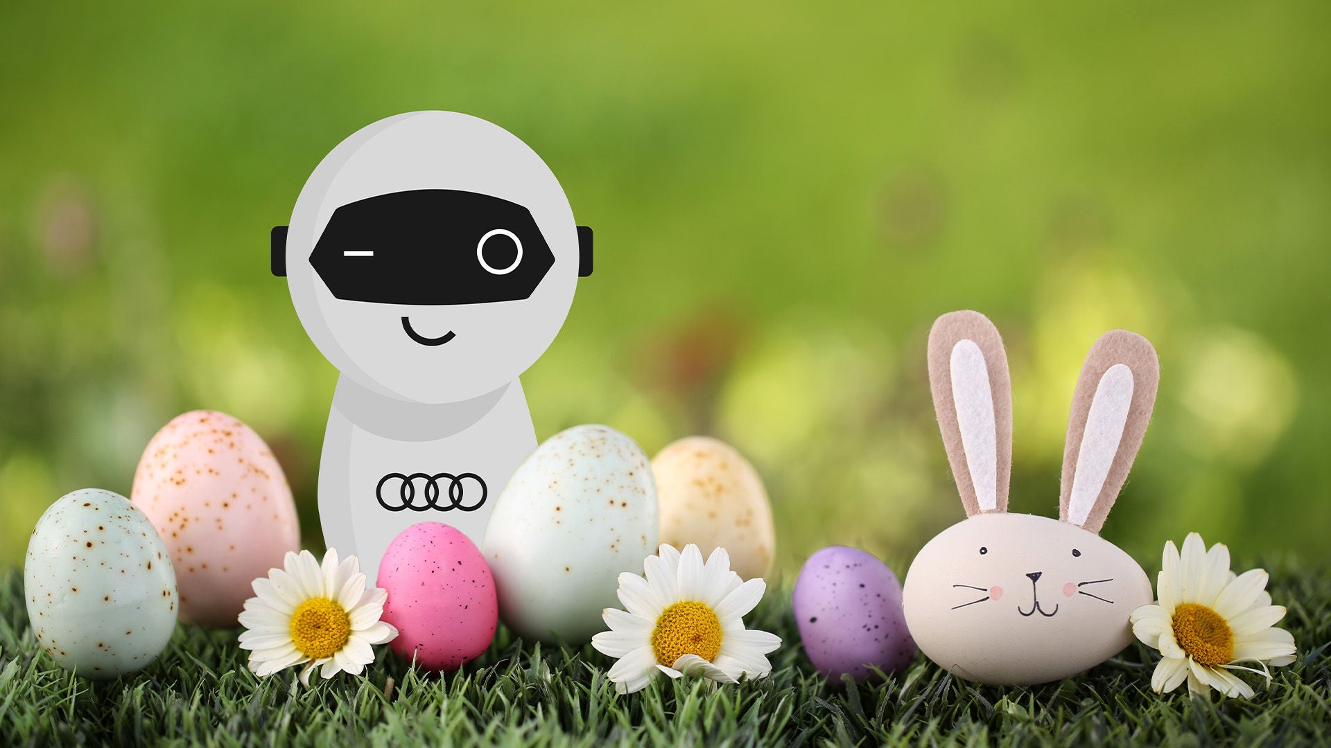 Illustration eines Audi-Roboters zwischen bunten Ostereiern und Blumen neben einem Hasen auf grünem Hintergrund.