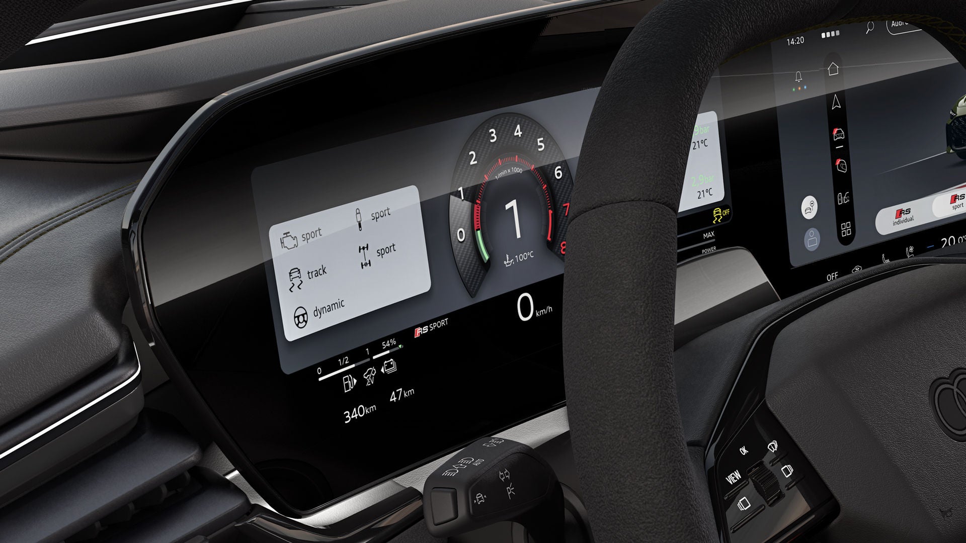 Nahaufnahme des Audi virtual cockpit auf der Fahrerseite.
