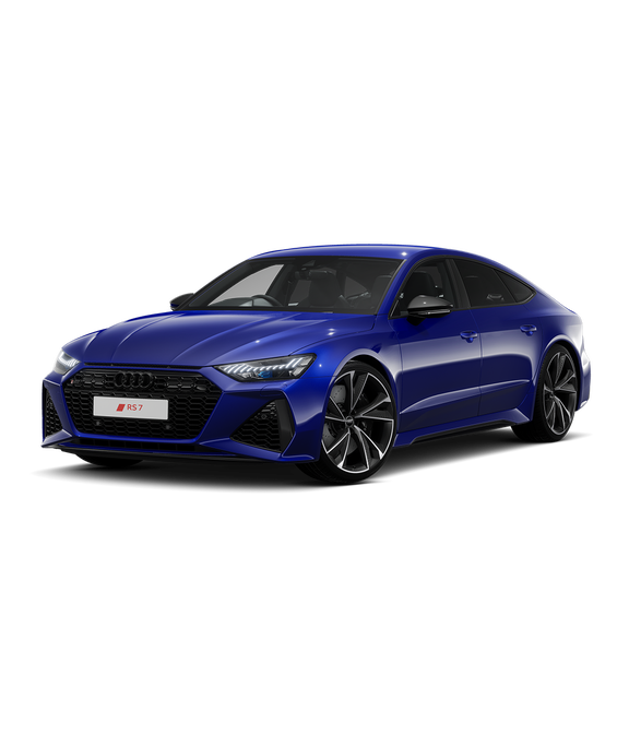 Blue Audi RS7 Sportback carbon black trim on a transparent background.
