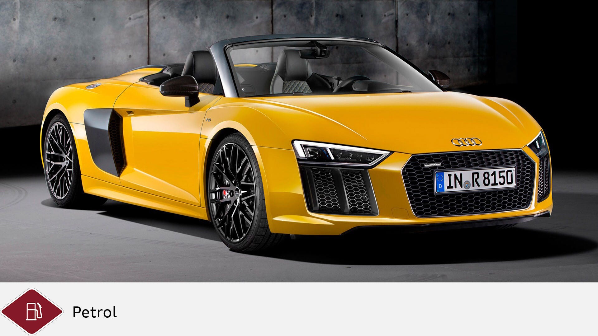 R8 Spyder in yellow in studio shot, hood open. Below gray diesel symbol and red gasoline symbol.