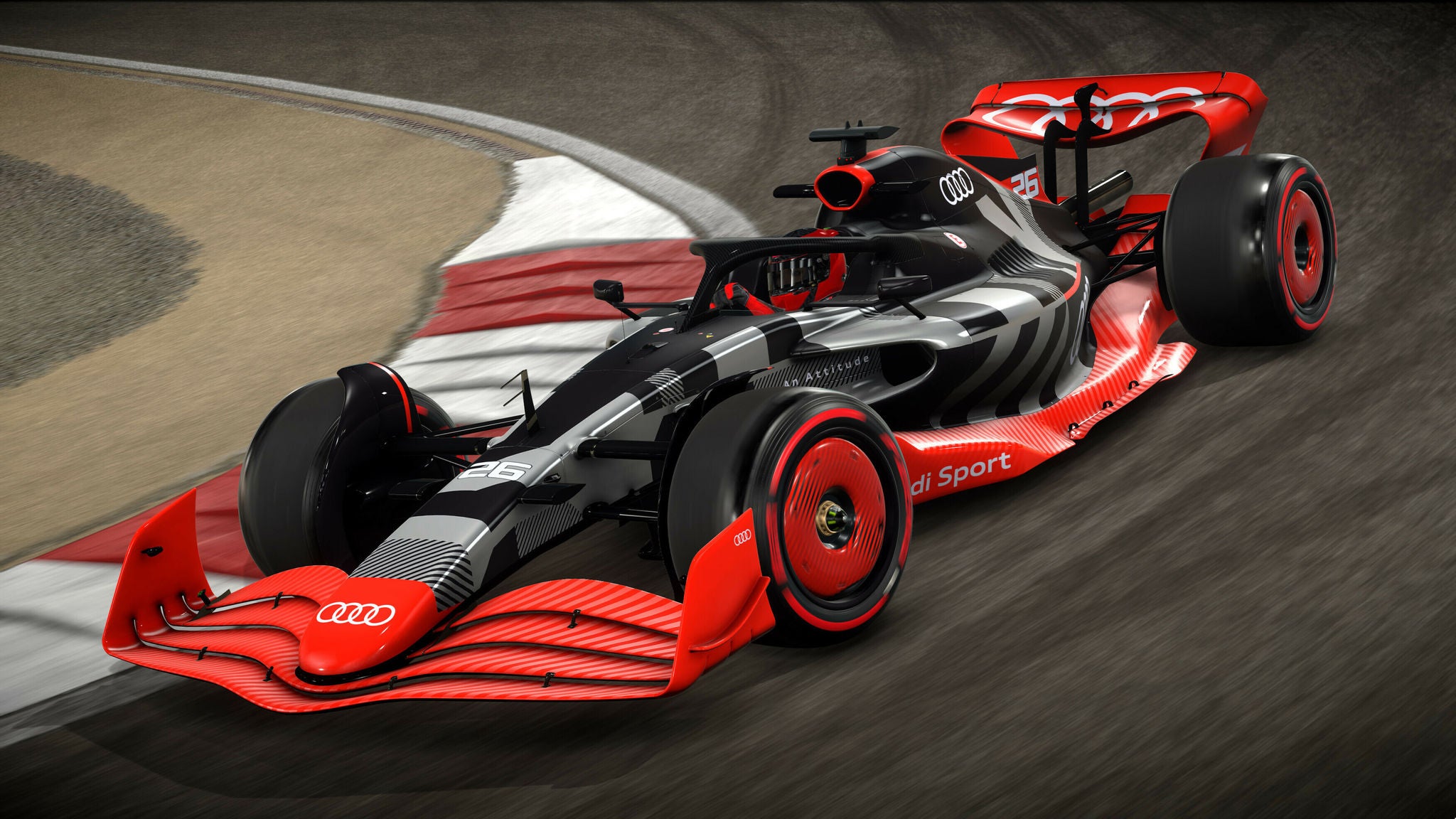 Audis kommande F1-bil körandes på en racerbana, mitt i en kurva.