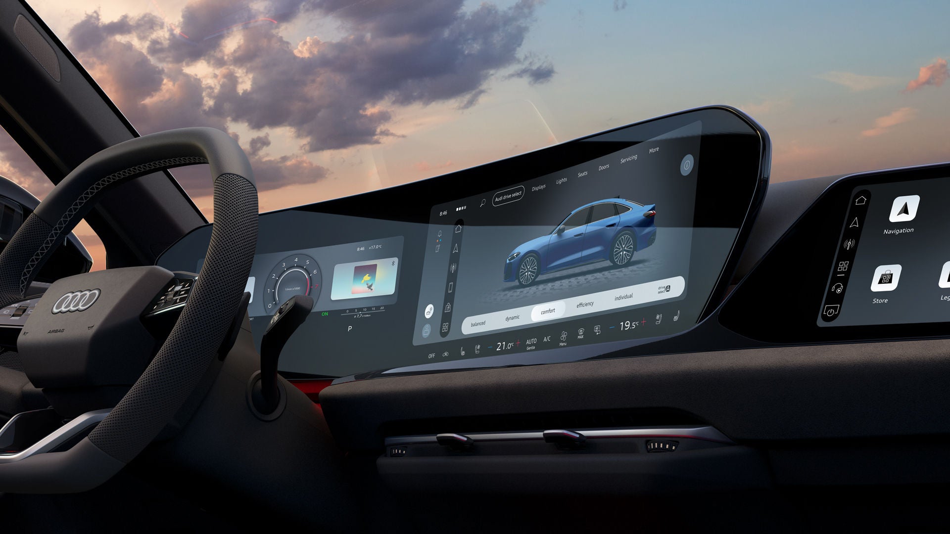 Interior and cockpit of the S5 Avant from the driver's perspective. The interior is illuminated by orange ambient lighting.
