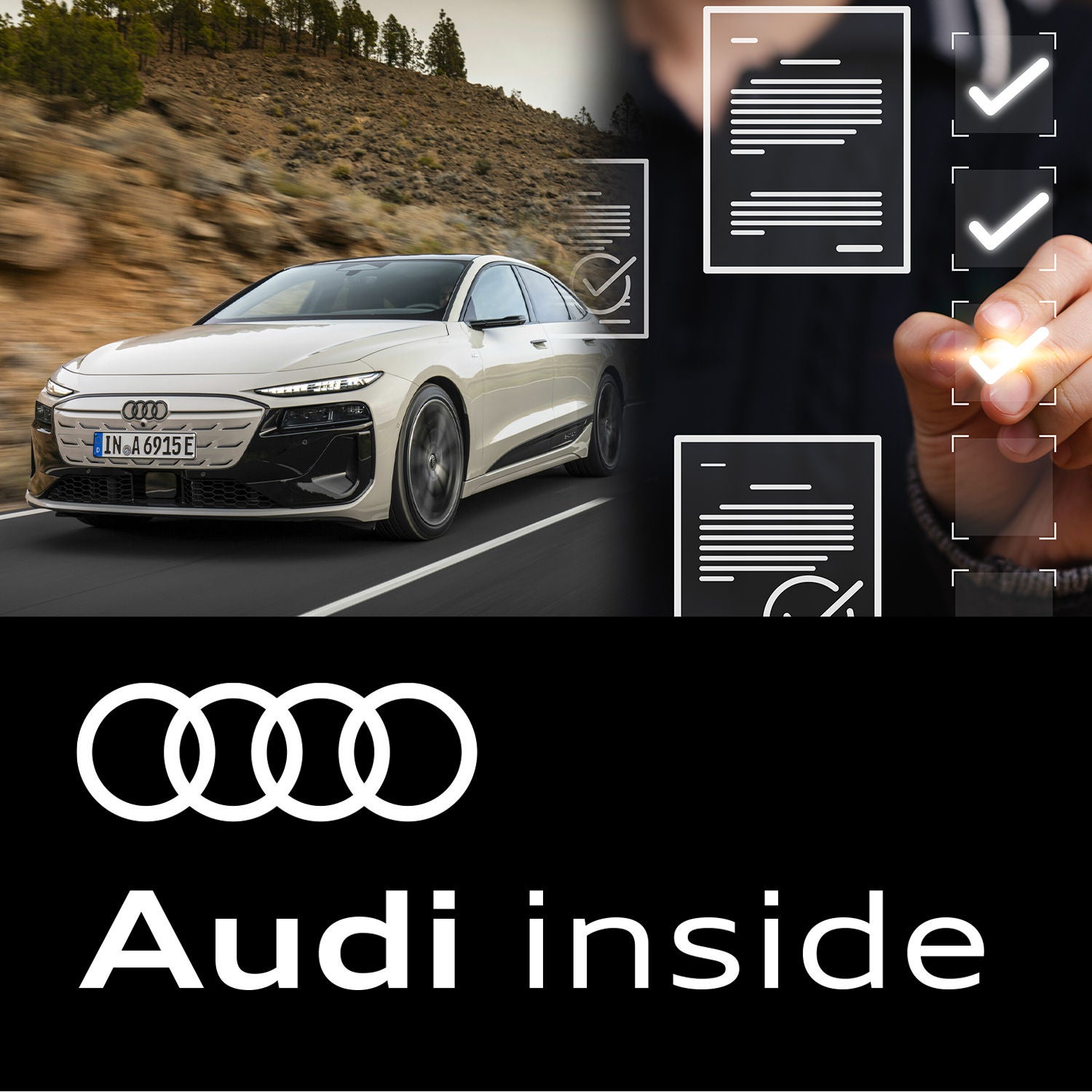 Audi A6 e-tron Sportback fährt auf der Straße, daneben eine digitale Checkliste und Audi inside-Logo.