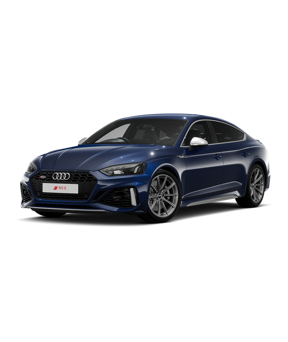 A blue Audi RS5 Sportback car against a white background.