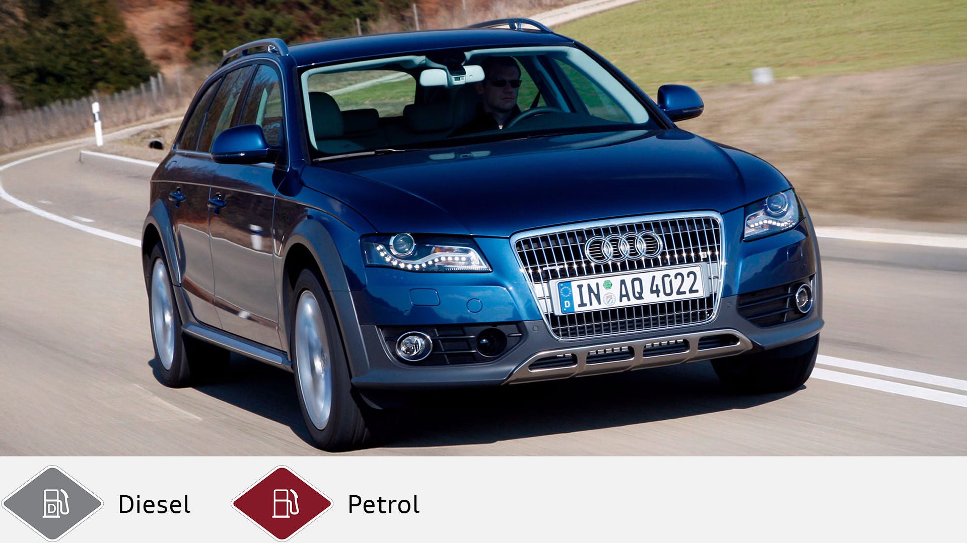Blue Audi A4 allroad quattro driving on a country road, viewed slightly head-on from the left. Gray diesel symbol and red petrol symbol at the bottom.
