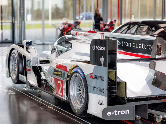 A picture showing an Audi R18 e-tron quattro race car on display during the presentation of Audi Sport racing legends in Neuburg.