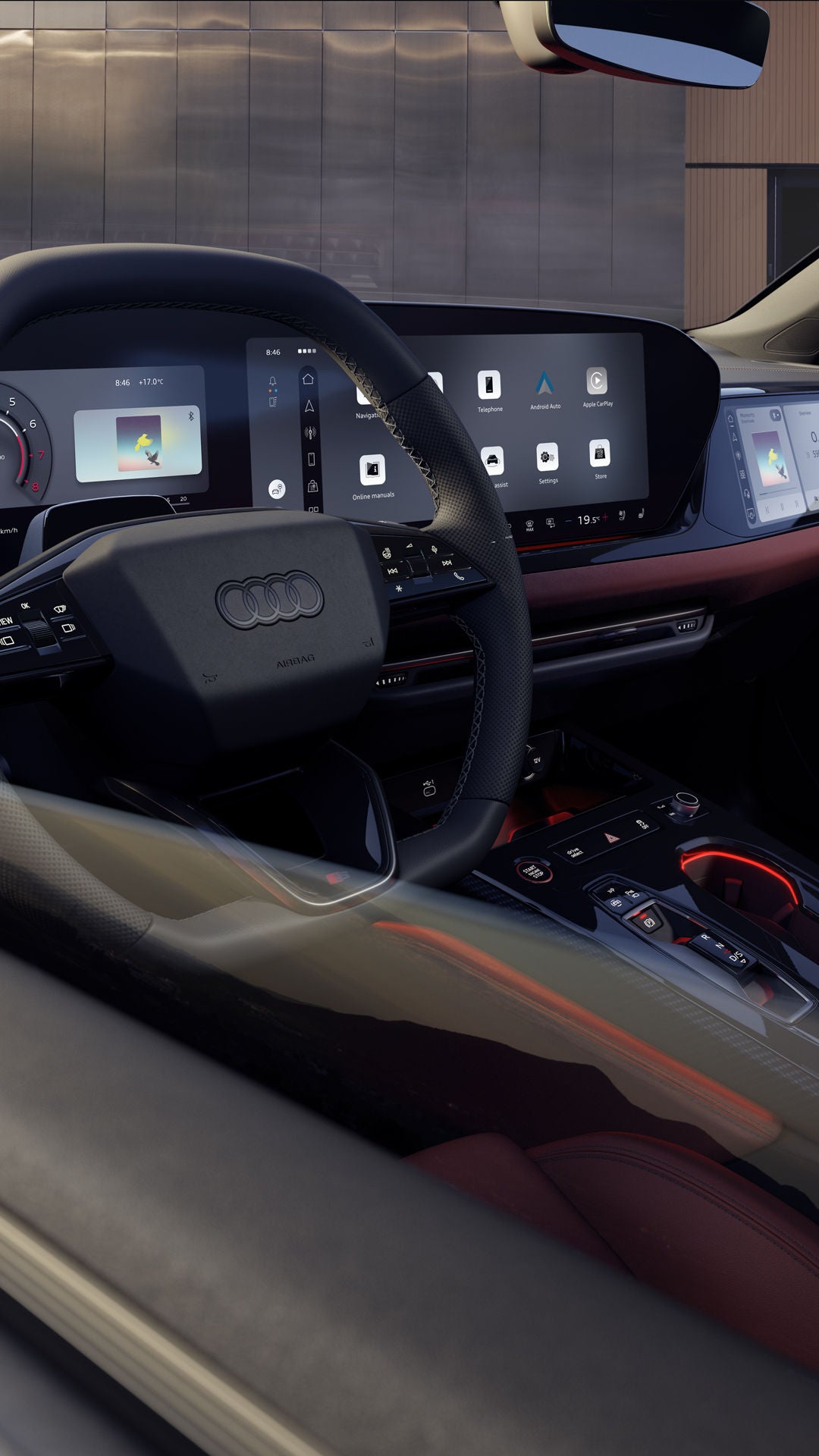 Interior and cockpit of the S5 Avant viewed from the driver's side window. The interior is illuminated by red ambient lighting.