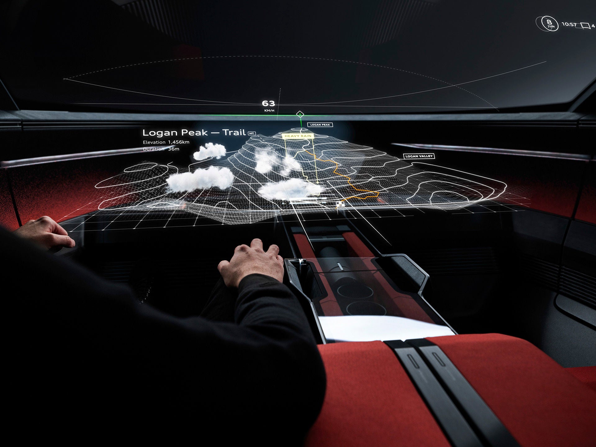 A futuristic heads-up display shows route planning in 3D with weather data and other information.
