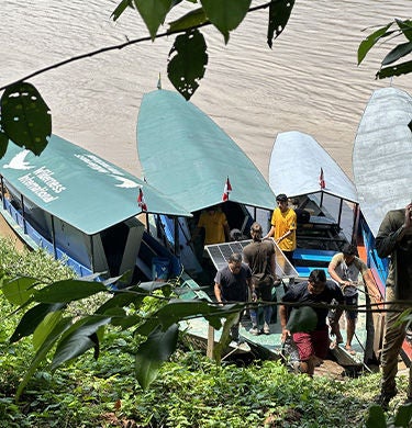People unloading solar modules from covered boats on the banks of a river, partly hidden by leaves in the foreground.