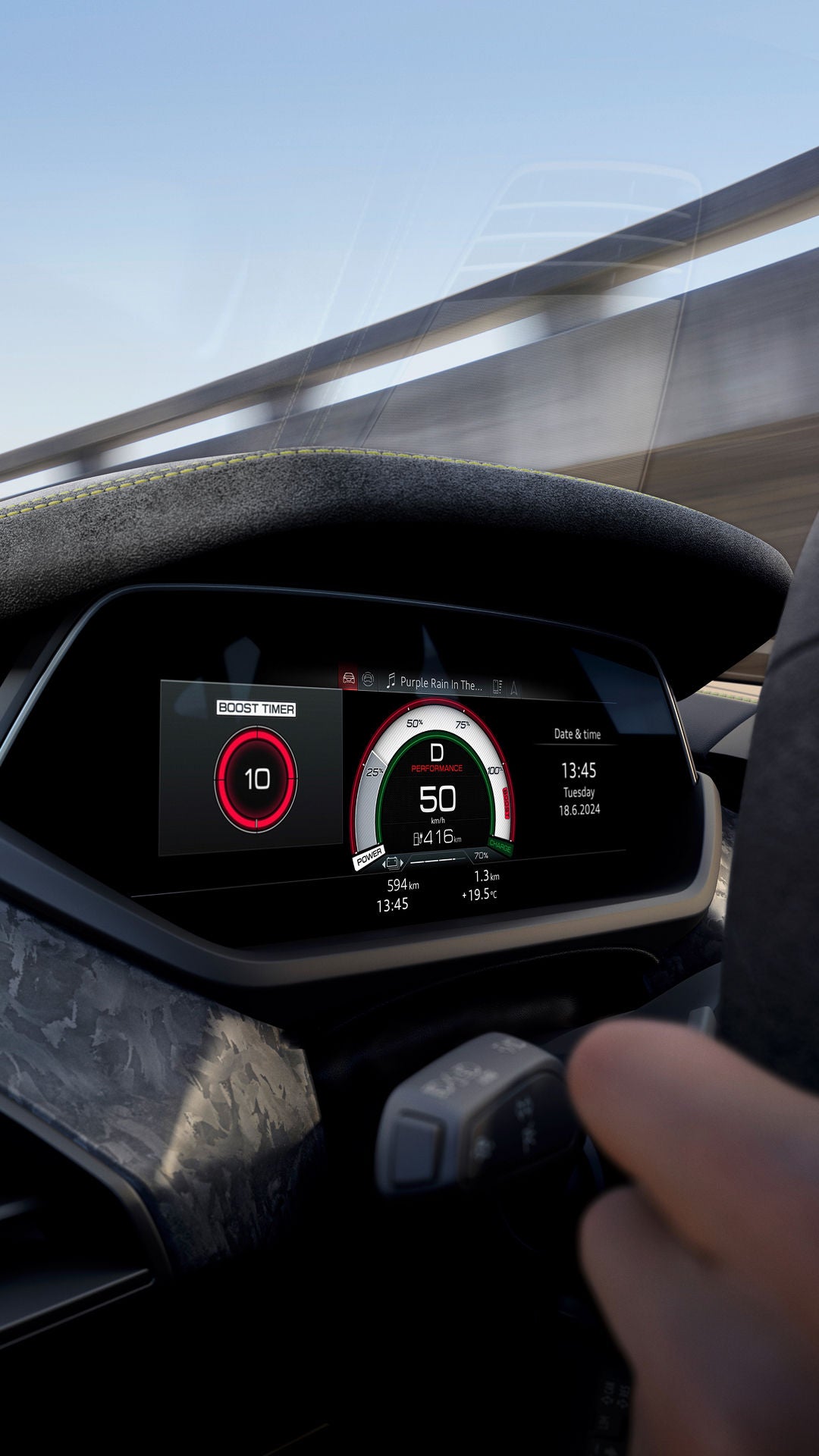 Interior view of a car dashboard displaying a performance gauge, speedometer, and boost timer while driving on a highway.