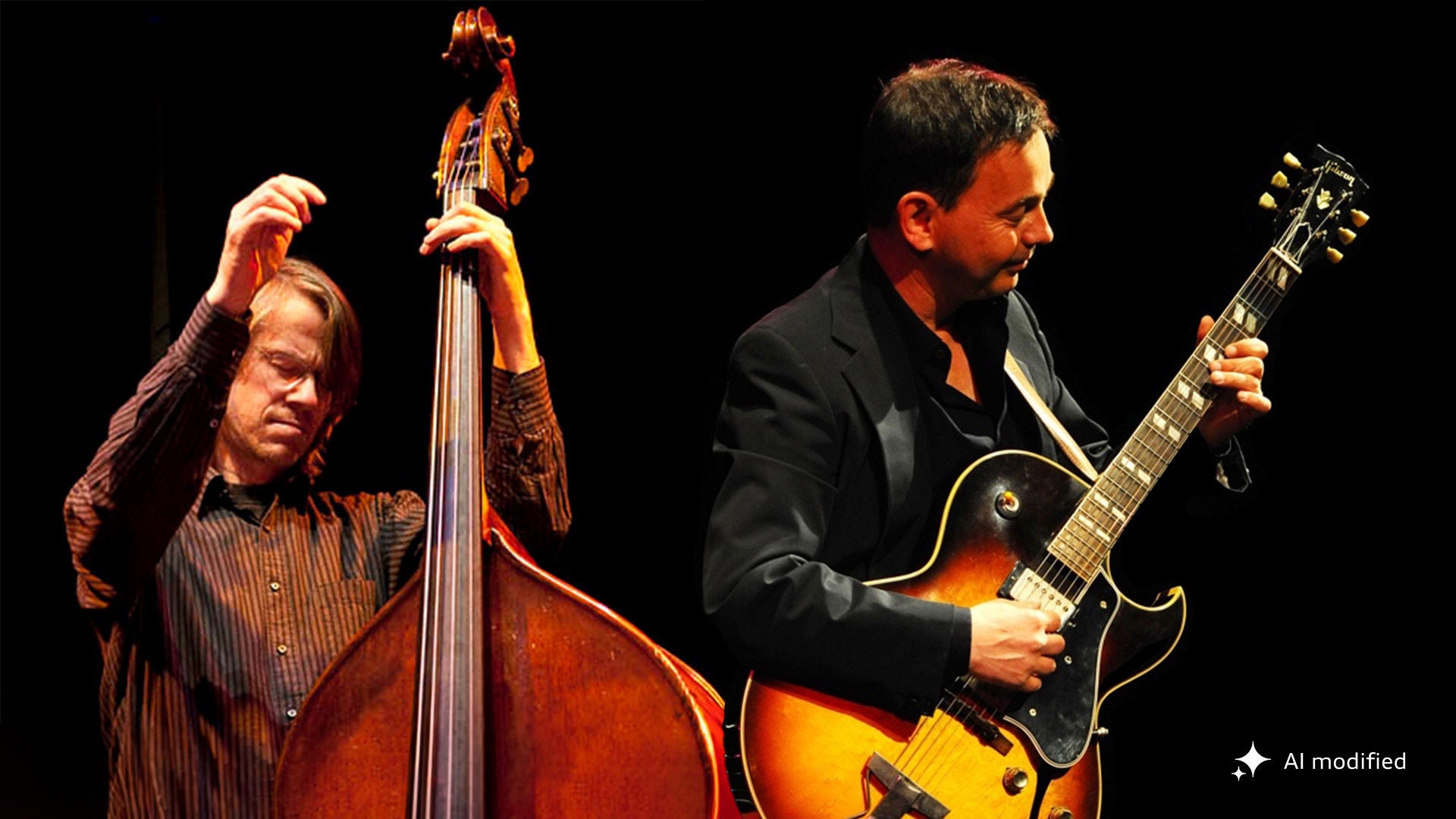 Zwei Musiker spielen Kontrabass und E-Gitarre auf einer dunkel beleuchteten Bühne. Dieses Bild wurde mit KI modifiziert.
