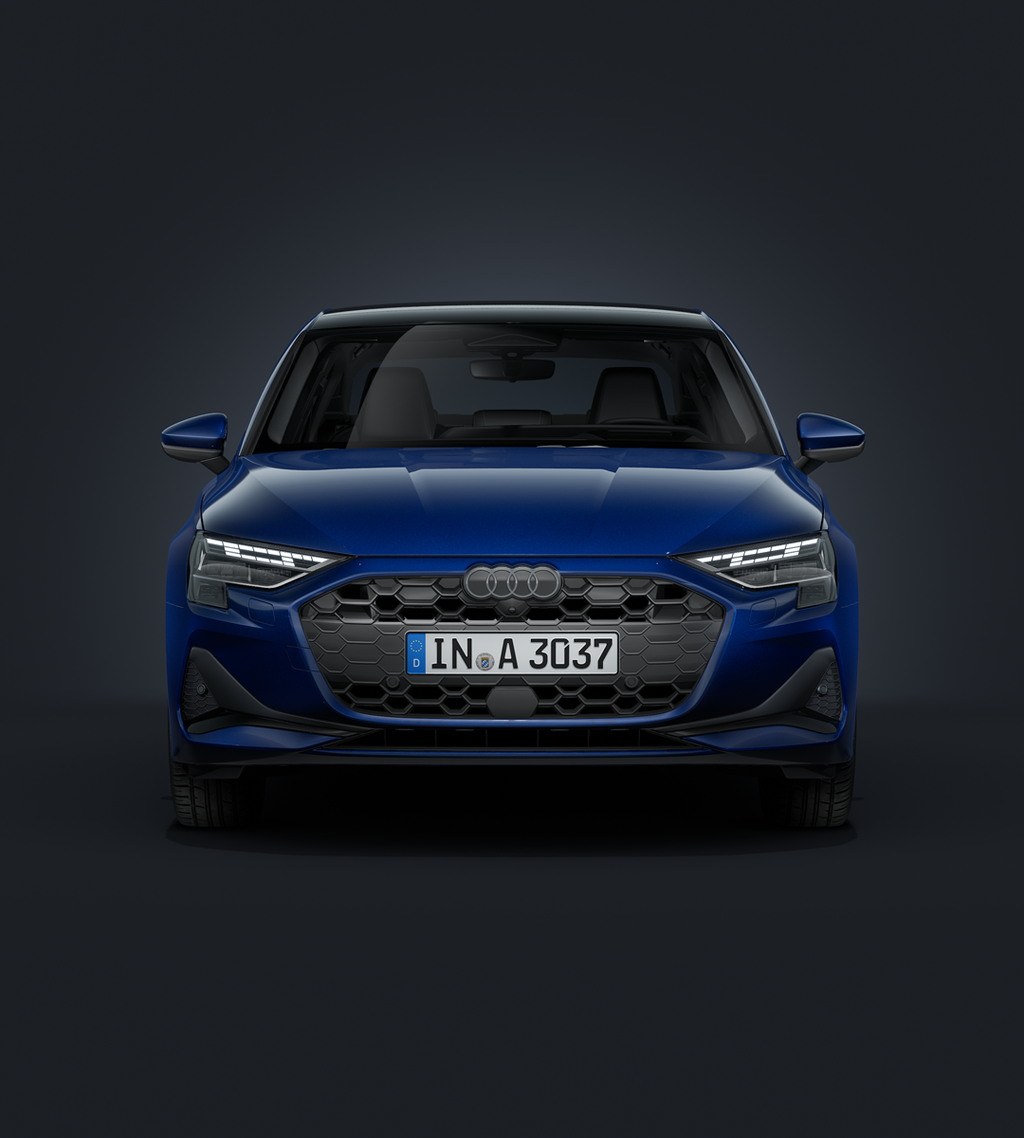 The Audi A3 Saloon, viewed head-on against a dark background.