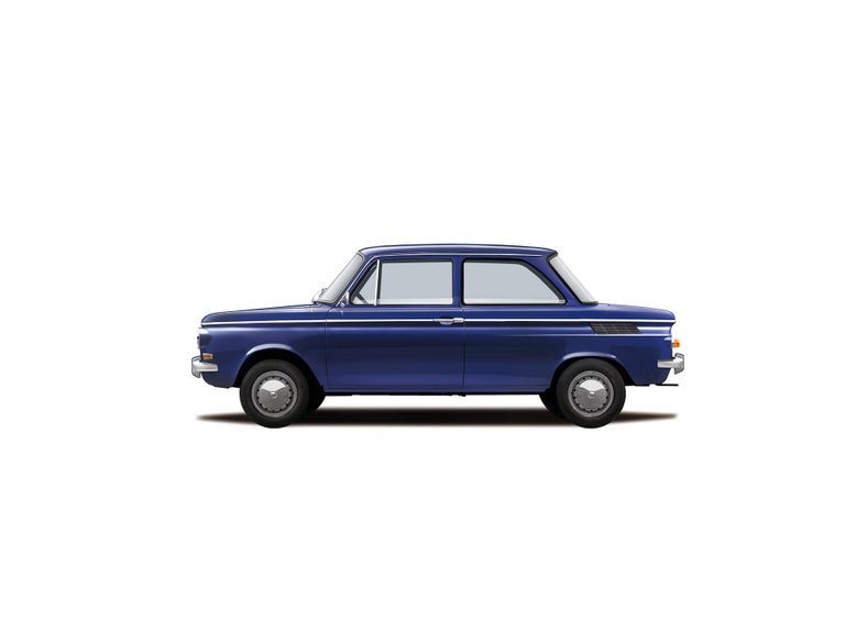 Illustration of a blue NSU Prinz against a white background.