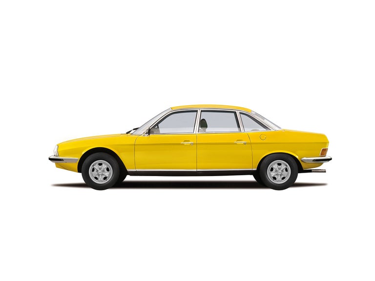 Illustration des NSU Ro80 in Gelb vor weißem Hintergrund
