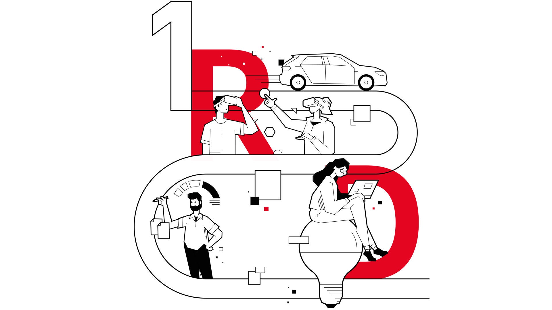People with VR goggles and laptop working on vehicle design, creative ideas represented by light bulb and icons.