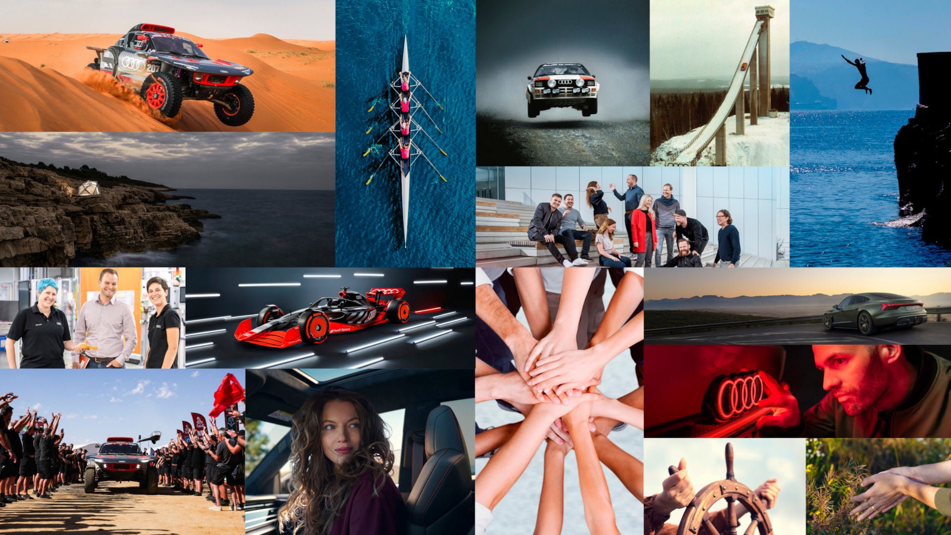 Eine Collage verschiedener Bilder von Autos, Formel1 Wagen, Kanufahrern, weitere Personen.