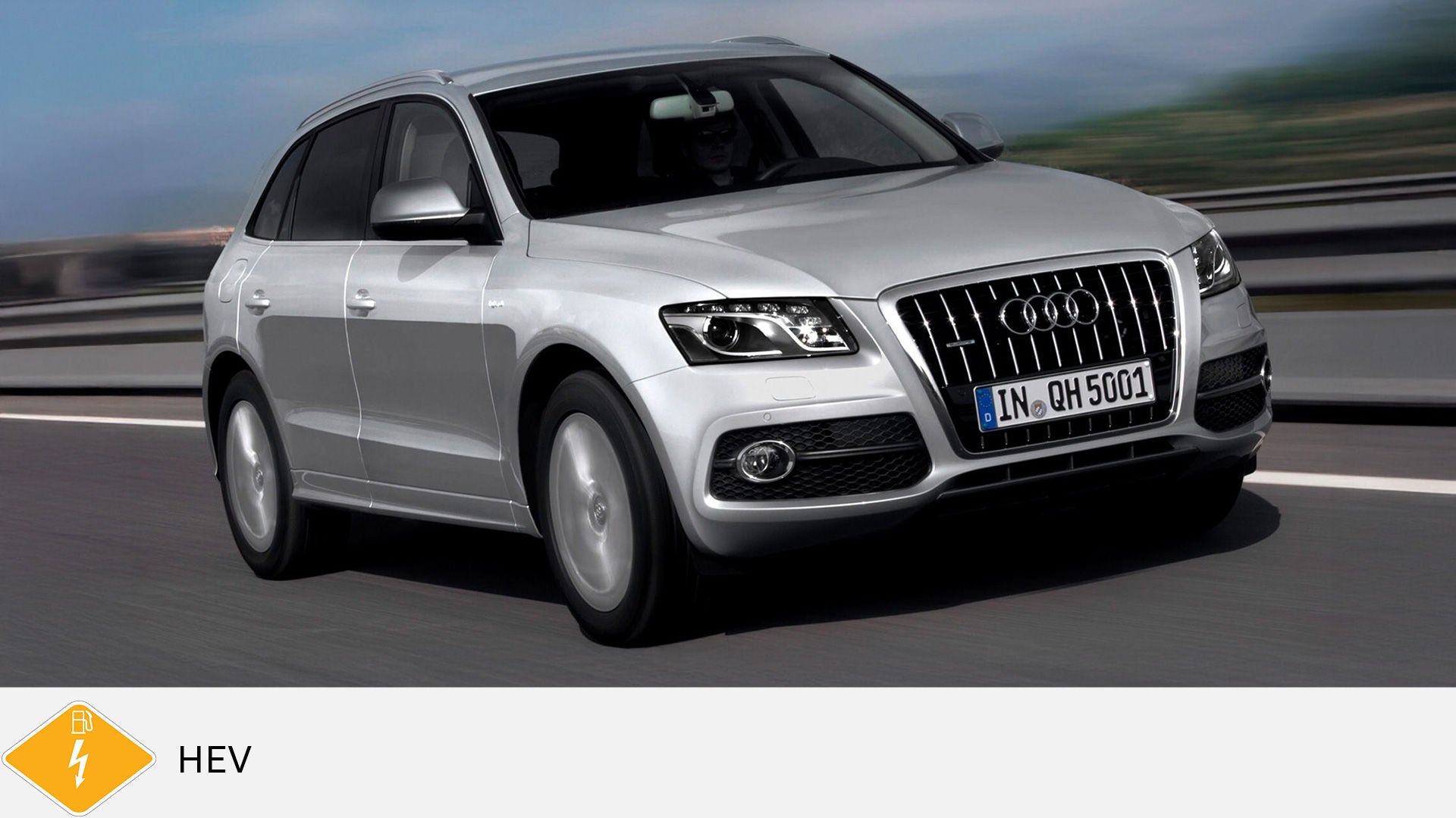 Silver Audi Q5 hybrid driving on the highway. Below, yellow PHEV symbol with petrol pump and lightning bolt.