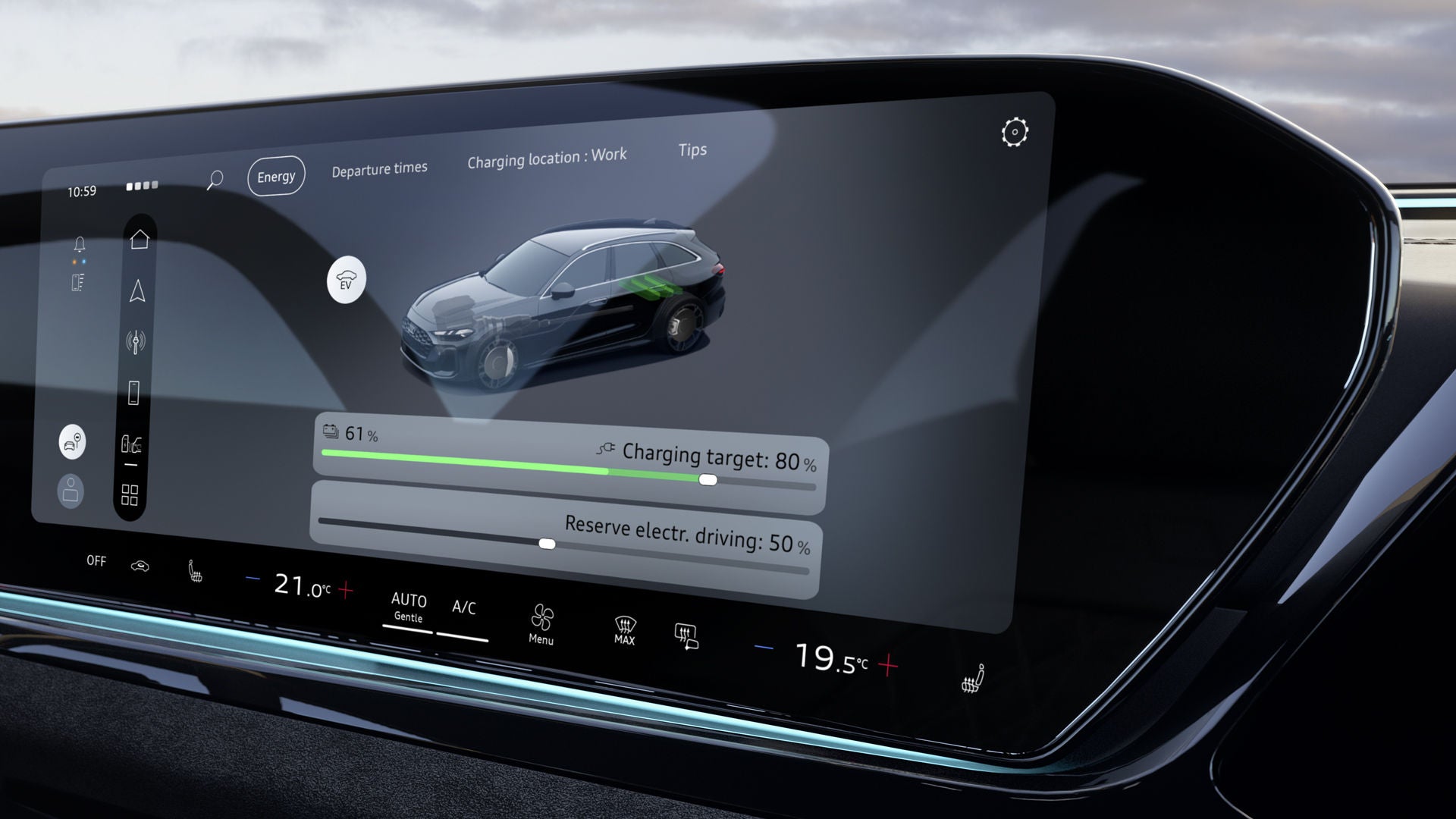 Close-up van het MMI-display in de Audi A5 Avant e-hybrid. Het toont het huidige laadniveau en een schuifregelaar om de reserve aan te passen.