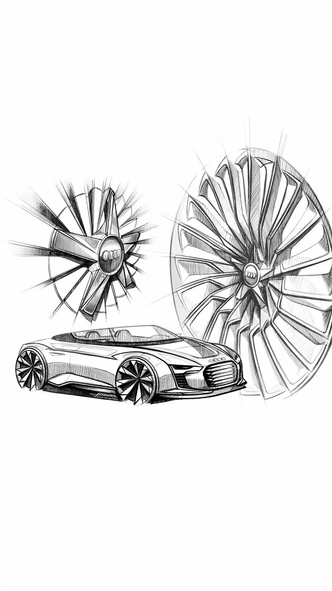 Sketch of an Audi concept car featuring detailed wheel designs and the Audi logo in black and white.