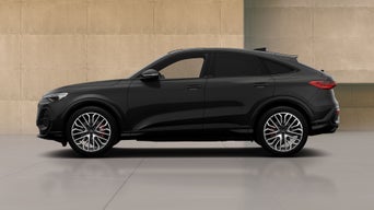 A black Audi SQ5 Sportback e with modern design elements, showcasing its profile against a minimalist concrete backdrop. 