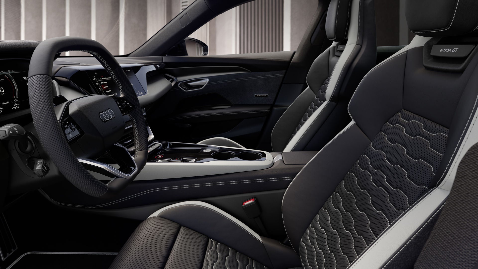 Het interieur van een Audi e-tron GT quattro met speciale Audi exclusive-afwerking.