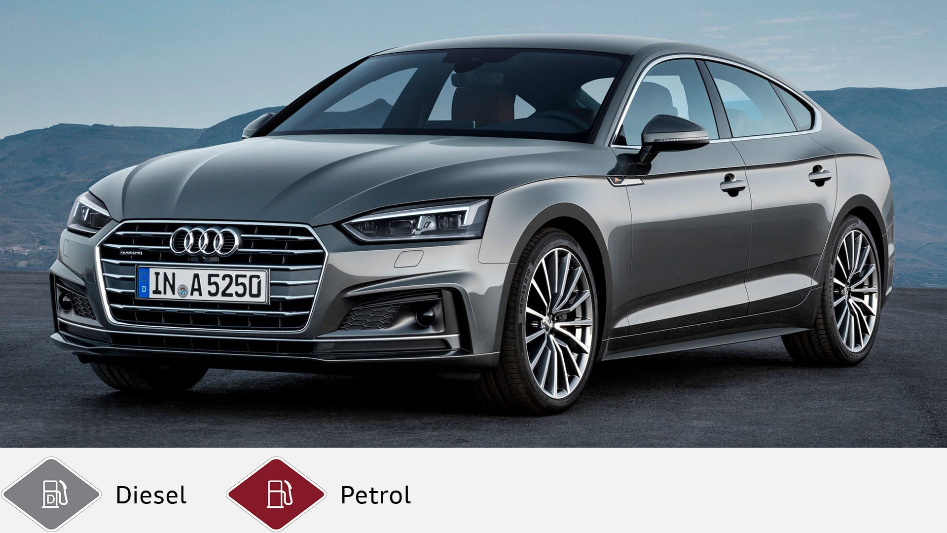 Gray Audi A5 Sportback (from 2016) with striking front against a mountain backdrop. Gray diesel symbol and red petrol symbol at the bottom.