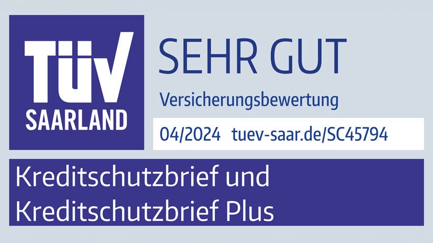 Siegel: TÜV Saarland bewertet Kreditschutzbrief und Kreditschutzbrief Plus mit „SEHR GUT“, Stand 04/2024.